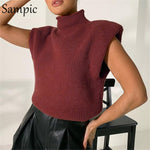 Sampic Sleeveless Winter Autumn Fashion Casual Turtleneck Knitted Women Sweater Vest Tops Basic Jumper Shoulder Pads Female 2020