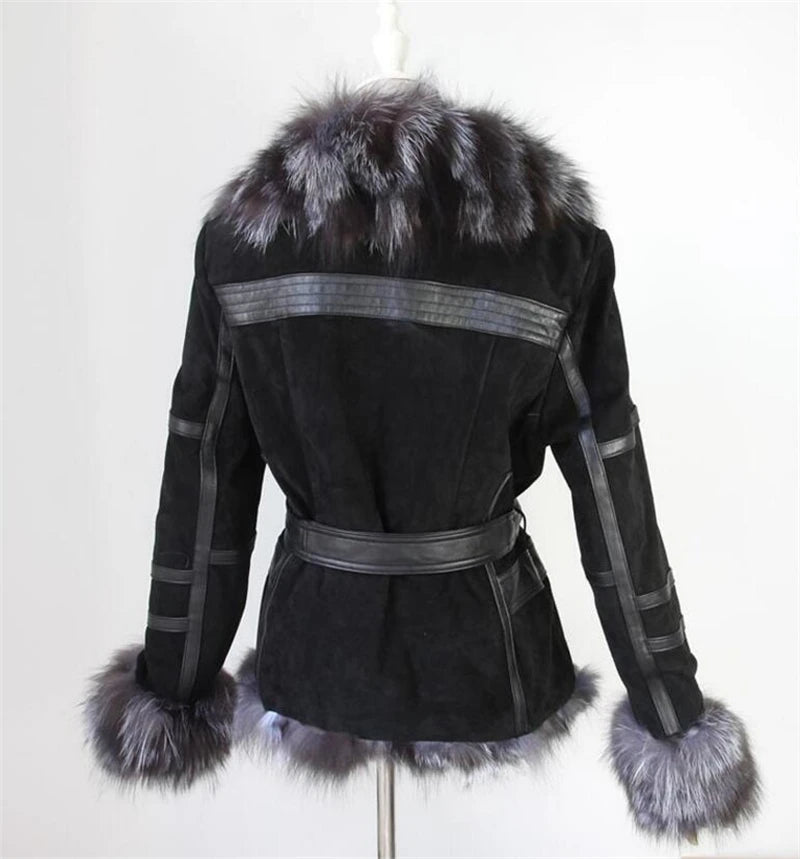 IANLAN Casual Winter Womens Real Fur Coats with Waistband Genuine Leather Jacket Silver Fox Fur Collar & Cuff Trimming IL00005