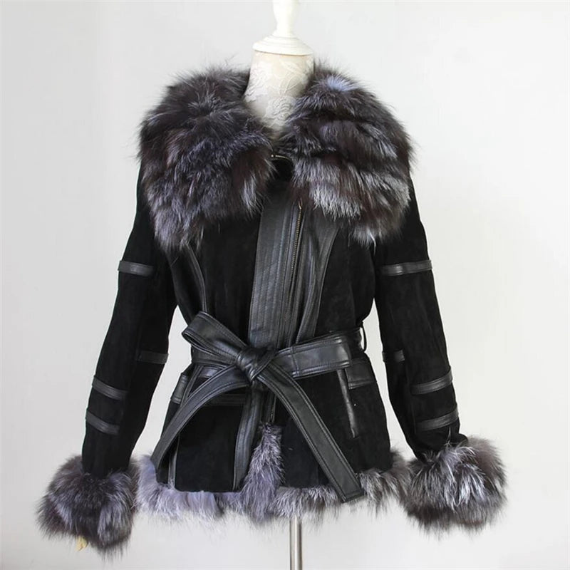IANLAN Casual Winter Womens Real Fur Coats with Waistband Genuine Leather Jacket Silver Fox Fur Collar & Cuff Trimming IL00005