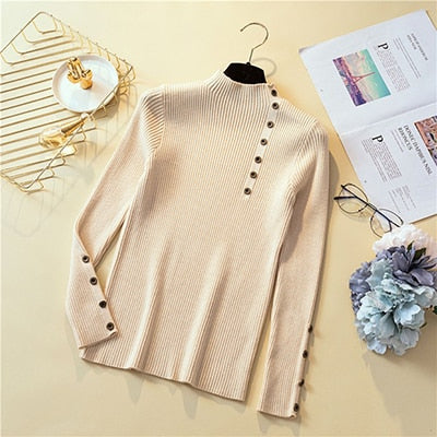 shintimes Knitted Sweater Button Pullovers Pull Femme High Elastic 2020 Autumn Winter Women Sweater Jumper Pullover Sleeve Long