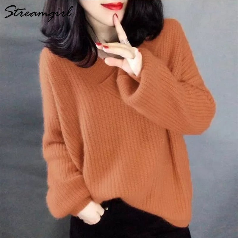 Winter Sweater Women Oversize Warm Pullovers Oversized Sweater 2020 Fall White V Neck Women's Sweaters And Pullovers Jumper