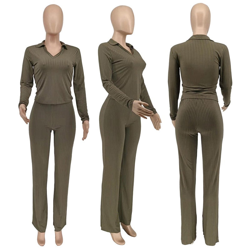 Solid Knit Ribbed Two Piece Sets Women Winter Clothes Warm Long Sleeve Top and Wide Leg Pants Matching Sets Outfits Loungewear