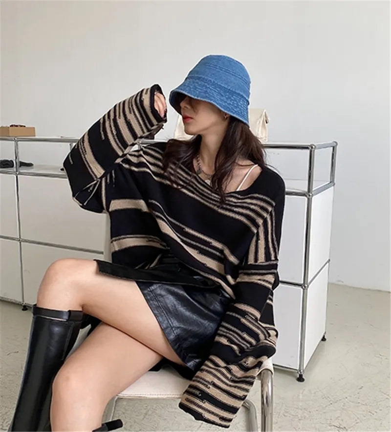 LMQ NEW Women Punk Gothic Striped Long Sleeve Loose Patchwork Sweater Hip Hop Retro Oversize Pullover Casual Knitted Jumpers