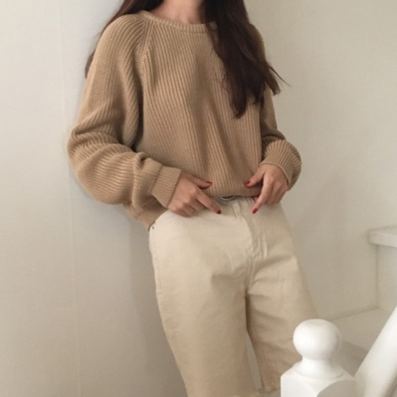 Korean Fashion Ladies Full Sleeve Women Knitting Sweater Solid O-Neck Pullover And Jumper Loose Sweater Hot Sale S80209Q