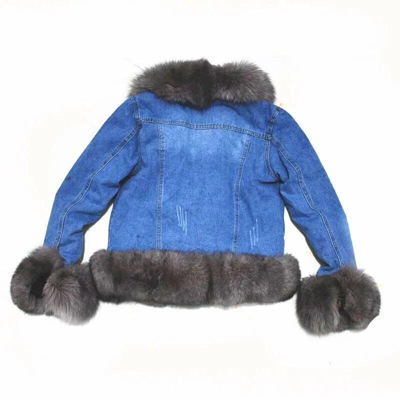 Women's Real Natural Fox Fur Denim Jacket, Parker Clothing, Rabbit Fur Lining, Warm Fashion, Casual