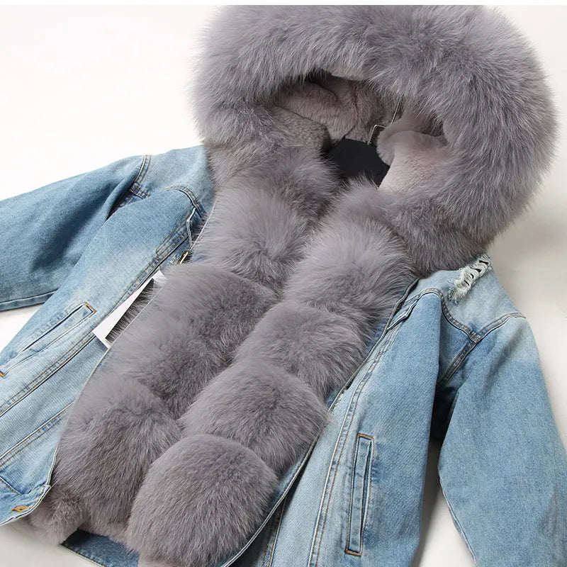 Maomaokong natural rabbit fur lined denim jacket fox fur coat fashion denim coat fox fur warm lady winter jacket women parka