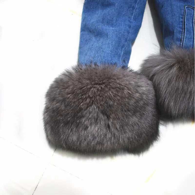 Women's Real Natural Fox Fur Denim Jacket, Parker Clothing, Rabbit Fur Lining, Warm Fashion, Casual