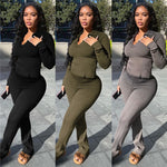 Solid Knit Ribbed Two Piece Sets Women Winter Clothes Warm Long Sleeve Top and Wide Leg Pants Matching Sets Outfits Loungewear