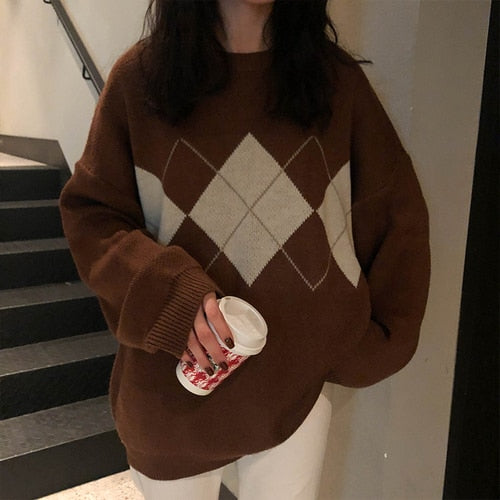 Knitted Sweaters Women Casual Pullover Fashion Argyle Sweater Winter College Style Loose Top Woman Jumper Sueter De Mujer 2021