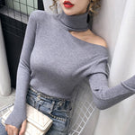 2023 Autumn Winter Thick Sweater Women Knitted Ribbed Pullover Sweater Off Shoulder Turtleneck Slim Jumper Soft Warm Pull Femme