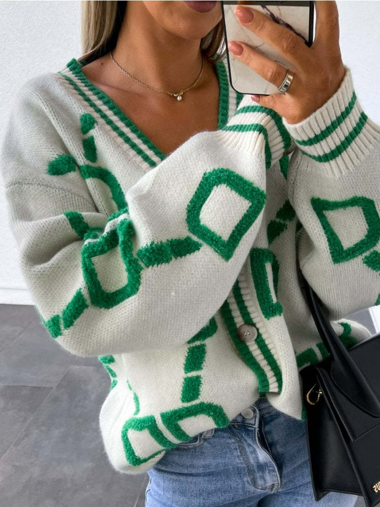 Letter Printed Cardigan Women Autumn Winter 2023 New V Neck Loose Long Sleeve Casual Jumper Tops Button Vintage Knitted Sweater