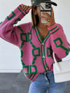 Letter Printed Cardigan Women Autumn Winter 2023 New V Neck Loose Long Sleeve Casual Jumper Tops Button Vintage Knitted Sweater