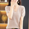 Spring Summer Women Sweater Knit Tshirts V-neck Short Sleeve Knitwears Korean Fashion Pullovers Solid Bottoming Shirt Jumper