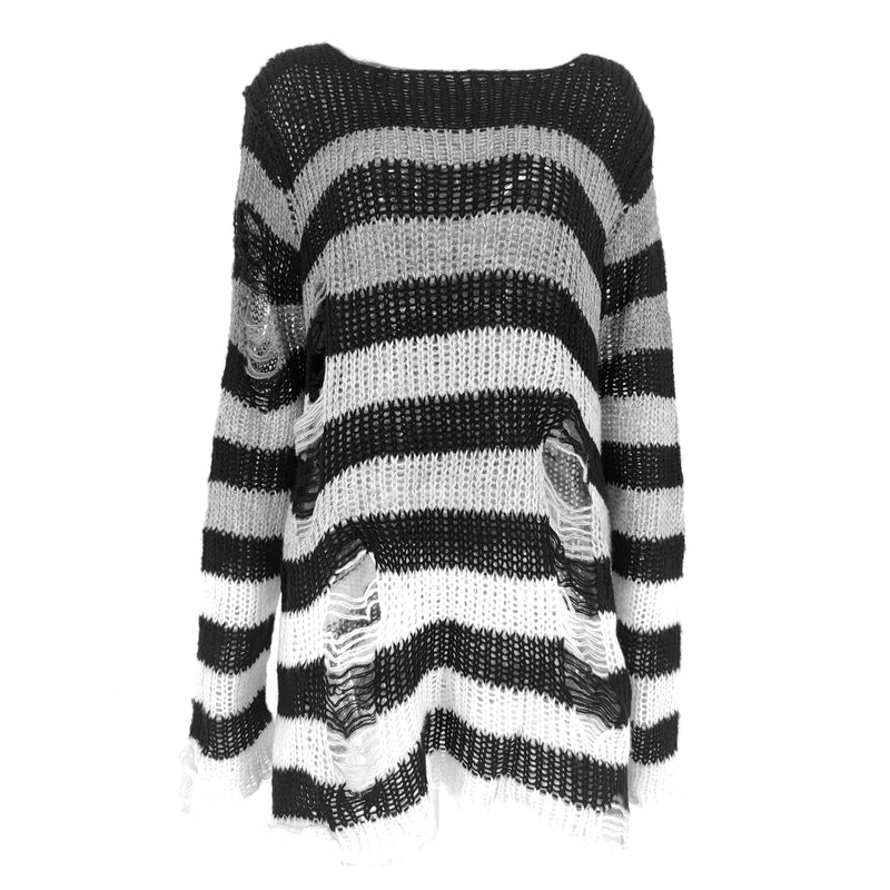 Punk Gothic Long Unisex Sweater 2020 Summer Women Striped Cool Hollow Out Hole Broken Jumper Loose Rock Thin Dark Streetwear Top