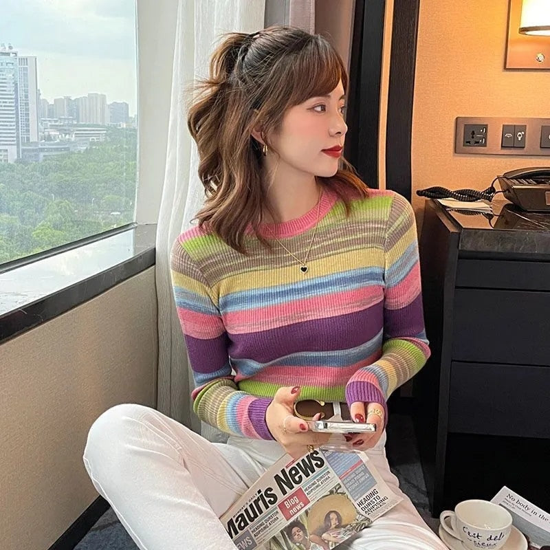 Office Lady Patchwork Stripe Knitwear Sweater Women's Commuter Long Sleeve Colorblock Pattern Pullover Lapel Sweater Jumper Tops