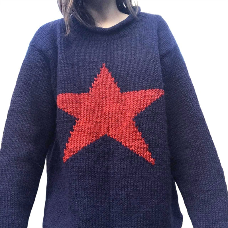 women loose knitted sweater Star Pattern Pullovers Ladies Round Collar Long Sleeve Knitwear Jumpers Y2k Clothes Streetwear