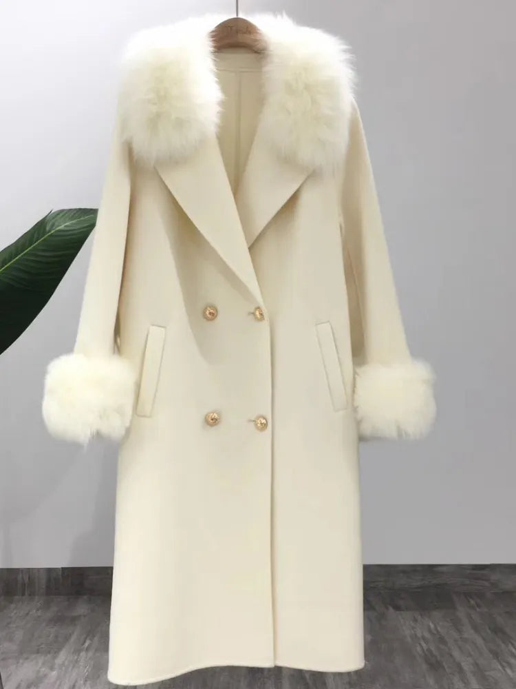 OFTBUY 2022 Real Fur Coat Winter Jacket Women Natural Fox Fur Collar Cashmere Wool Blends Long Outerwear Ladies Streetwear