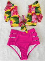 Floral Ruffled Hem Bikini Set Women Flora V-Neck High-Waisted Two Piece Swimsuit 2023 Girl Beach Bathing Suit Swimwear Biquinis