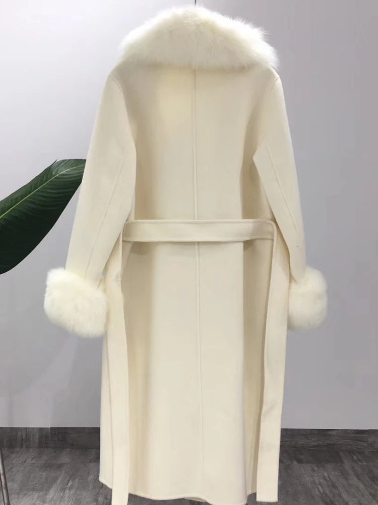 OFTBUY 2022 Real Fur Coat Winter Jacket Women Natural Fox Fur Collar Cashmere Wool Blends Long Outerwear Ladies Streetwear