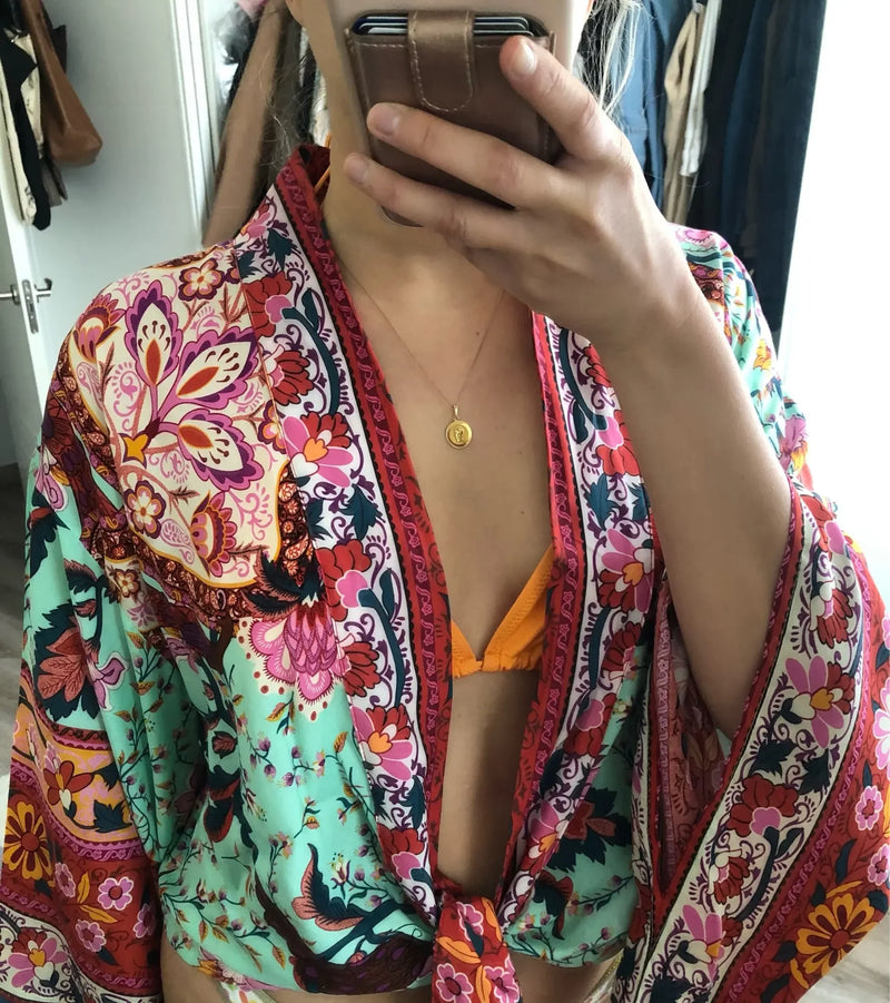 Happie Queens Floral Print Sashes Short  Kimono Women Fashion V Neck Batwing Sleeves Robe Lady Boho Bikini Cover-ups