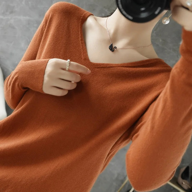 Women Sweater Autumn Winter V-neck Knitwear Long Sleeve Loose Cashmere Sweater Pullovers Lady Cheap Quality Jumper Knitted Tops