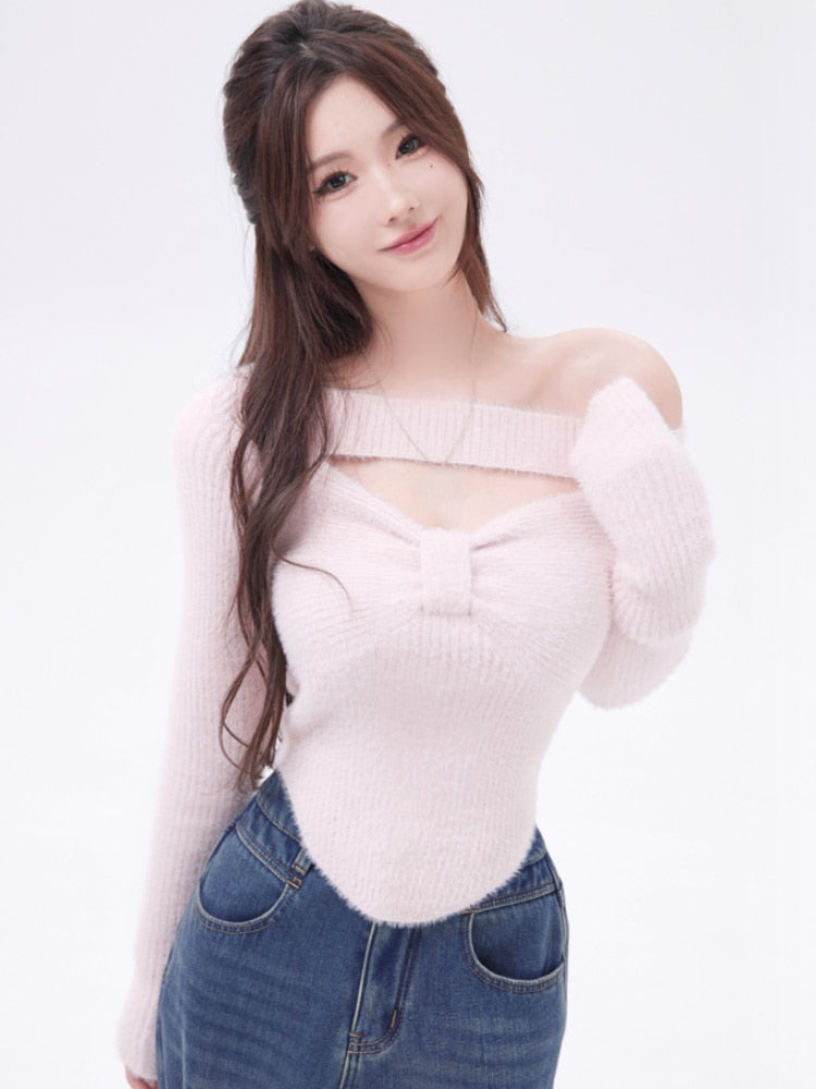 Autumn Winter Sexy Knitted Sweater Women Design Korean Fashion Elegant Pullover Office Lady Y2k Crop Tops Female Chic Jumpers