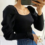 Square Neck Puff Sleeve Knitted Jumper