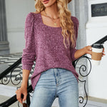 Women's Solid Color Rib Fabric Square Collar Loose Long-sleeved T-shirt Top