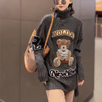 Women Runway Sweater Ladies Jumper Knitted Turtleneck Pullover Female Cute Bear Cartoon Appliques Diamond Beaded Sweaters NS508