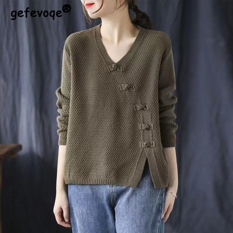 Autumn Winter Literary Vintage Buttons V-neck Sweater Ladies Loose Casual Knitting Pullover Top Women All-match Jumper Outwear